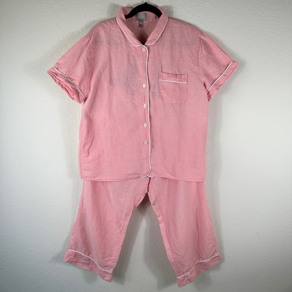 J.Crew Pajama Set Womens L Pink Linen Cotton 2 PC Short Sleeve Crop Pants PJs